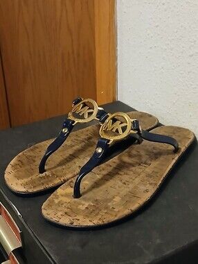Michael Kors Navy Blue & Cork Thong Sandals - Women's Size 7